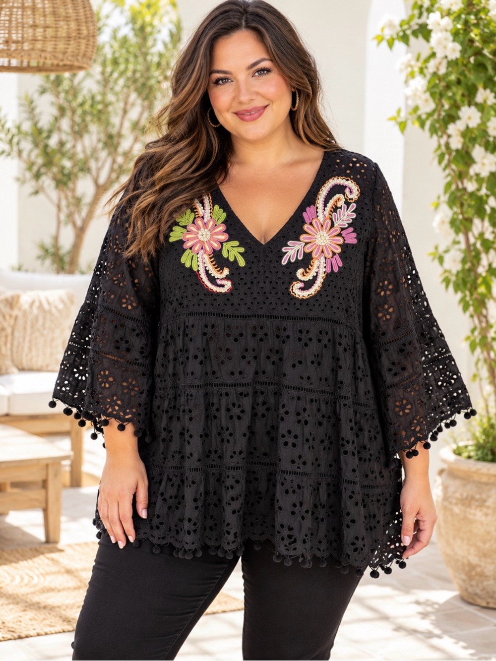 Velzera Black Eyelet Tunic with Multicolor Floral Embroidery and Pearls Size 3X
